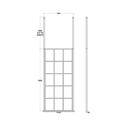 Hudson Reed Wetroom Screens 900mm Frame Screen With Ceiling Posts Contemp Matt Black Aluminium 1950x900x14mm - JJ Building Materials