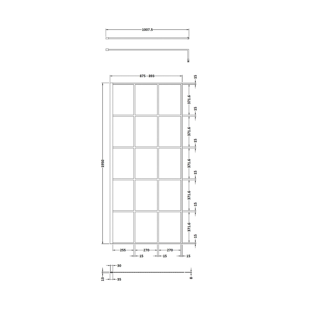 Hudson Reed Wetroom Screens 900mm Framed Wetroom Screen Contemp Matt Black Aluminium 1950x900x14mm - JJ Building Materials