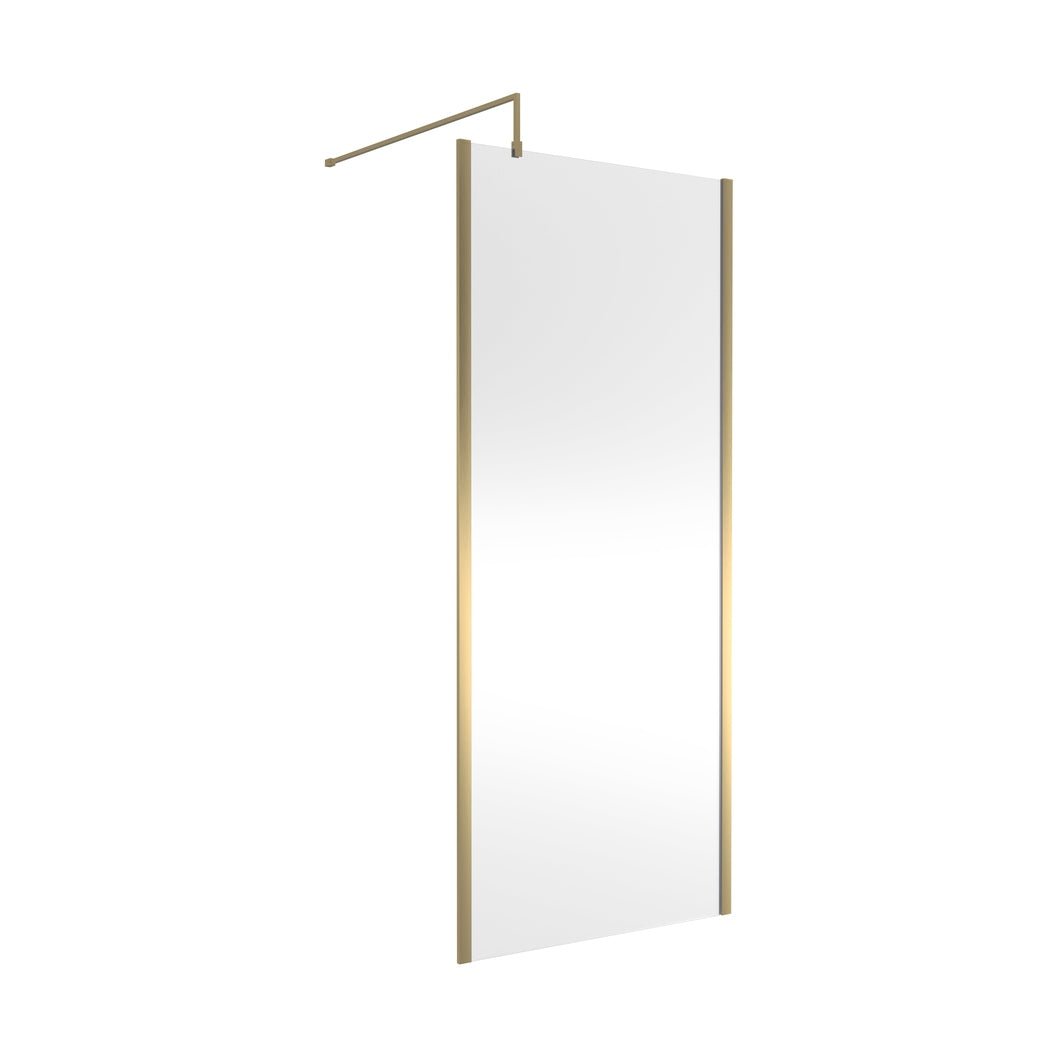 Hudson Reed Wetroom Screens 900mm Outer Framed Wetroom Screen With Support Bar Contemp Brushed Brass Aluminium 1950x900x14mm - JJ Building Materials