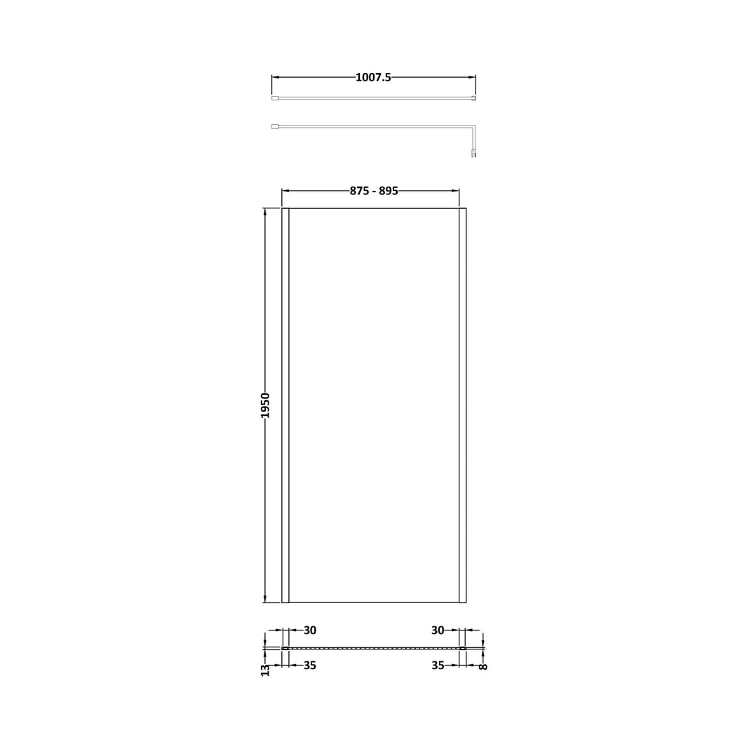 Hudson Reed Wetroom Screens 900mm Outer Framed Wetroom Screen With Support Bar Contemp Matt Black Aluminium 1950x900x14mm - JJ Building Materials
