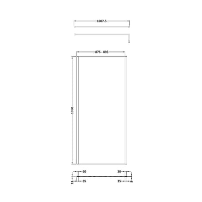 Hudson Reed Wetroom Screens 900mm Outer Framed Wetroom Screen With Support Bar Contemp Matt Black Aluminium 1950x900x14mm - JJ Building Materials