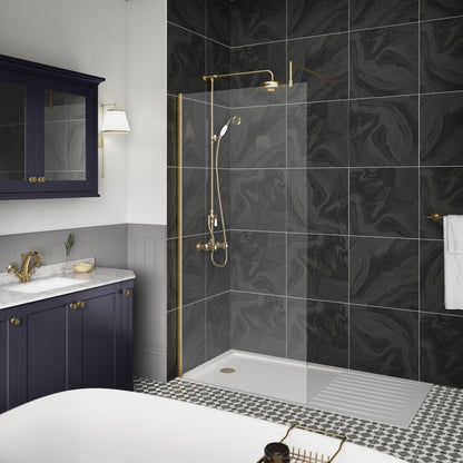 Hudson Reed Wetroom Screens 900mm Wetroom Screen With Brass Support Bar Contemp Brushed Brass Aluminium 1950x900x14mm - JJ Building Materials