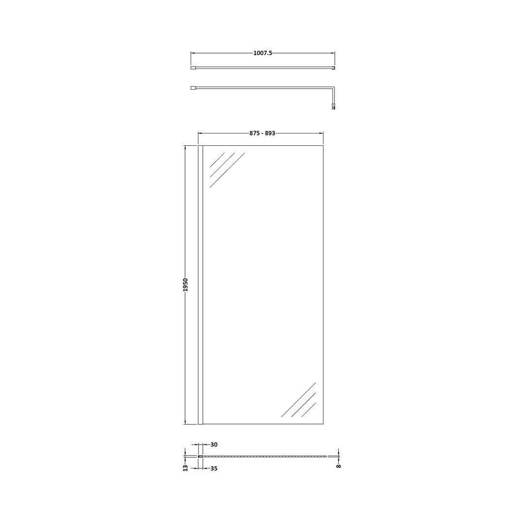 Hudson Reed Wetroom Screens 900mm Wetroom Screen With Brass Support Bar Contemp Brushed Brass Aluminium 1950x900x14mm - JJ Building Materials