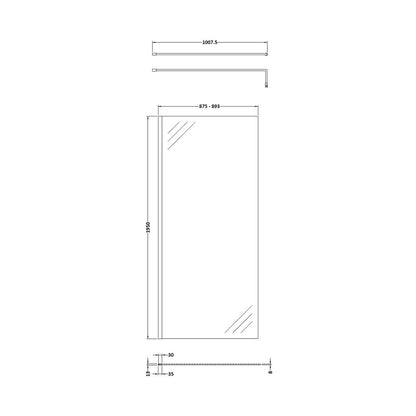 Hudson Reed Wetroom Screens 900mm Wetroom Screen With Brass Support Bar Contemp Brushed Brass Aluminium 1950x900x14mm - JJ Building Materials