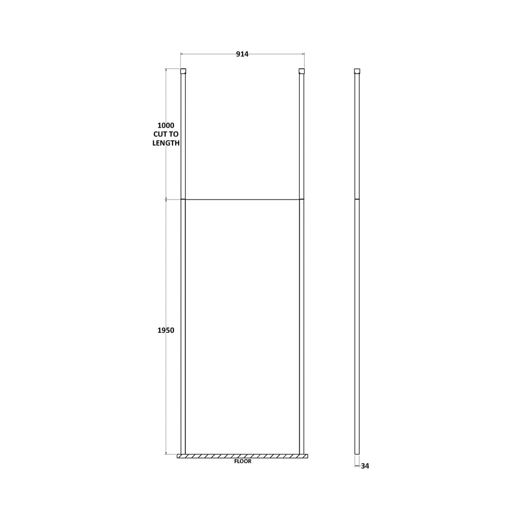 Hudson Reed Wetroom Screens 900mm Wetroom Screen With Ceiling Posts Contemp Matt Black Aluminium 1950x900x14mm - JJ Building Materials