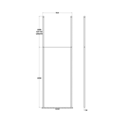 Hudson Reed Wetroom Screens 900mm Wetroom Screen With Ceiling Posts Contemp Matt Black Aluminium 1950x900x14mm - JJ Building Materials