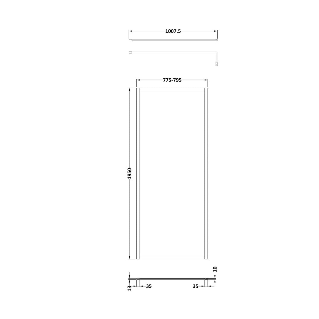 Hudson Reed Wetroom Screens Full Outer Frame Wetroom Screen 1950x800x8mm Contemp Brushed Brass Aluminium 1950x800x1000mm - JJ Building Materials