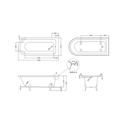Hudson Reed Winterburn Freestanding Shower Bath - Corbel Leg Set (1700mm) Trad White Acrylic - JJ Building Materials