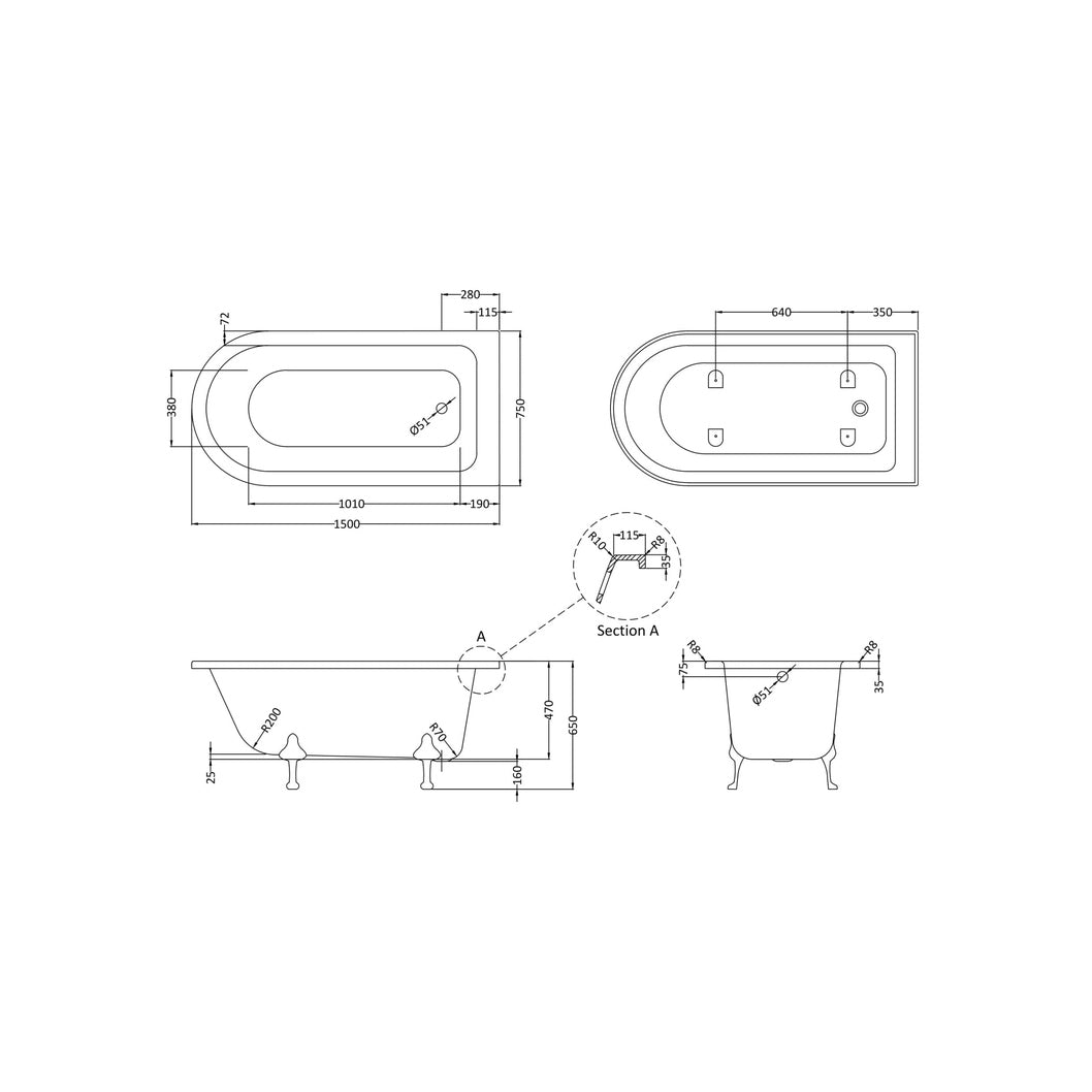 Hudson Reed Winterburn Freestanding Shower Bath - Pride Leg Set (1500mm) Trad White Acrylic - JJ Building Materials