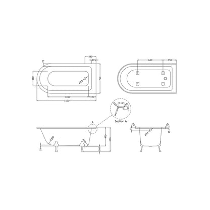 Hudson Reed Winterburn Freestanding Shower Bath - Pride Leg Set (1500mm) Trad White Acrylic - JJ Building Materials