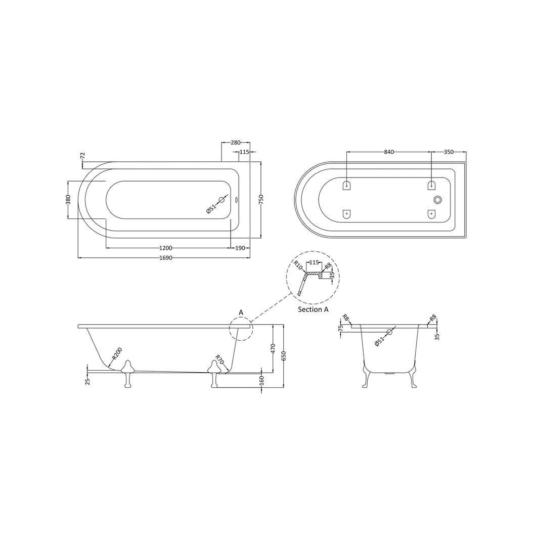 Hudson Reed Winterburn Freestanding Shower Bath - Pride Leg Set (1700mm) Trad White Acrylic - JJ Building Materials