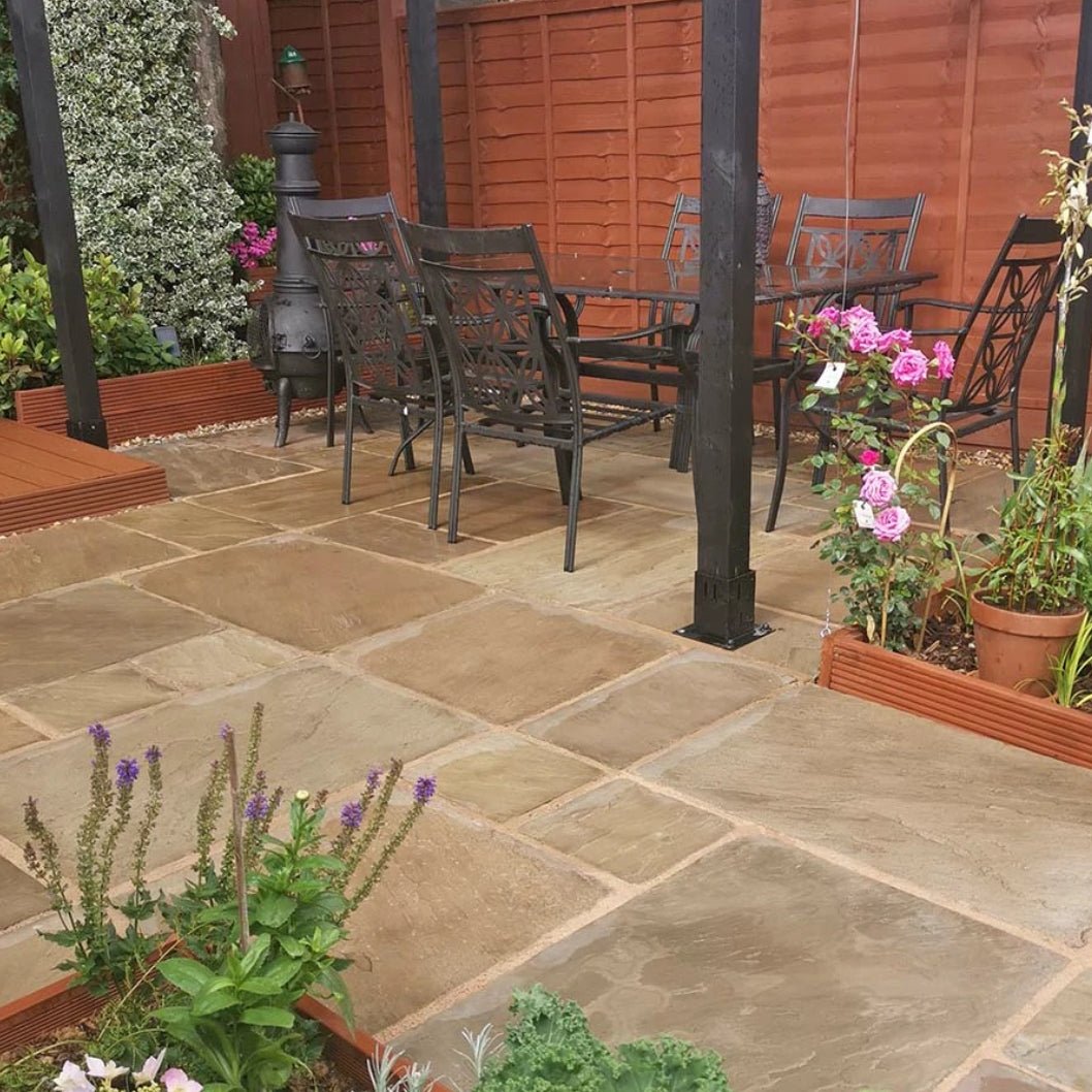 Imperial Green Indian 22mm Sandstone Paving Slabs - Tumbled - Patio Kit - JJ Building Materials