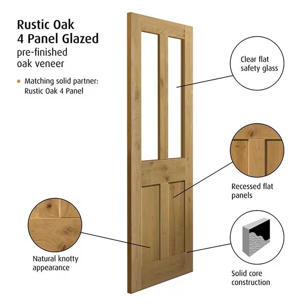 JB Kind 1981x762x35mm Rustic 4 Panel Internal Oak Glazed Door - JJ Building Materials