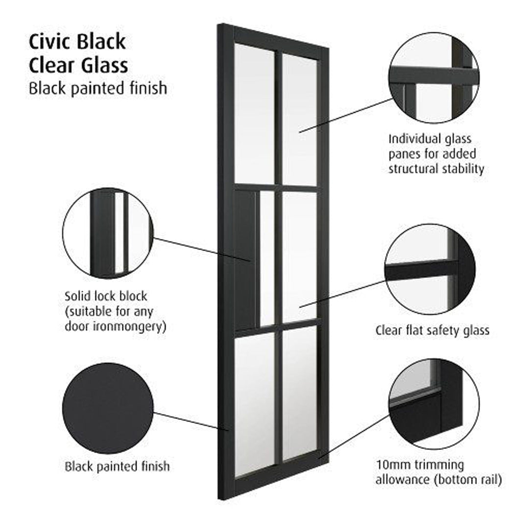 JB Kind Civic Black Clear Glass Internal Door - JJ Building Materials