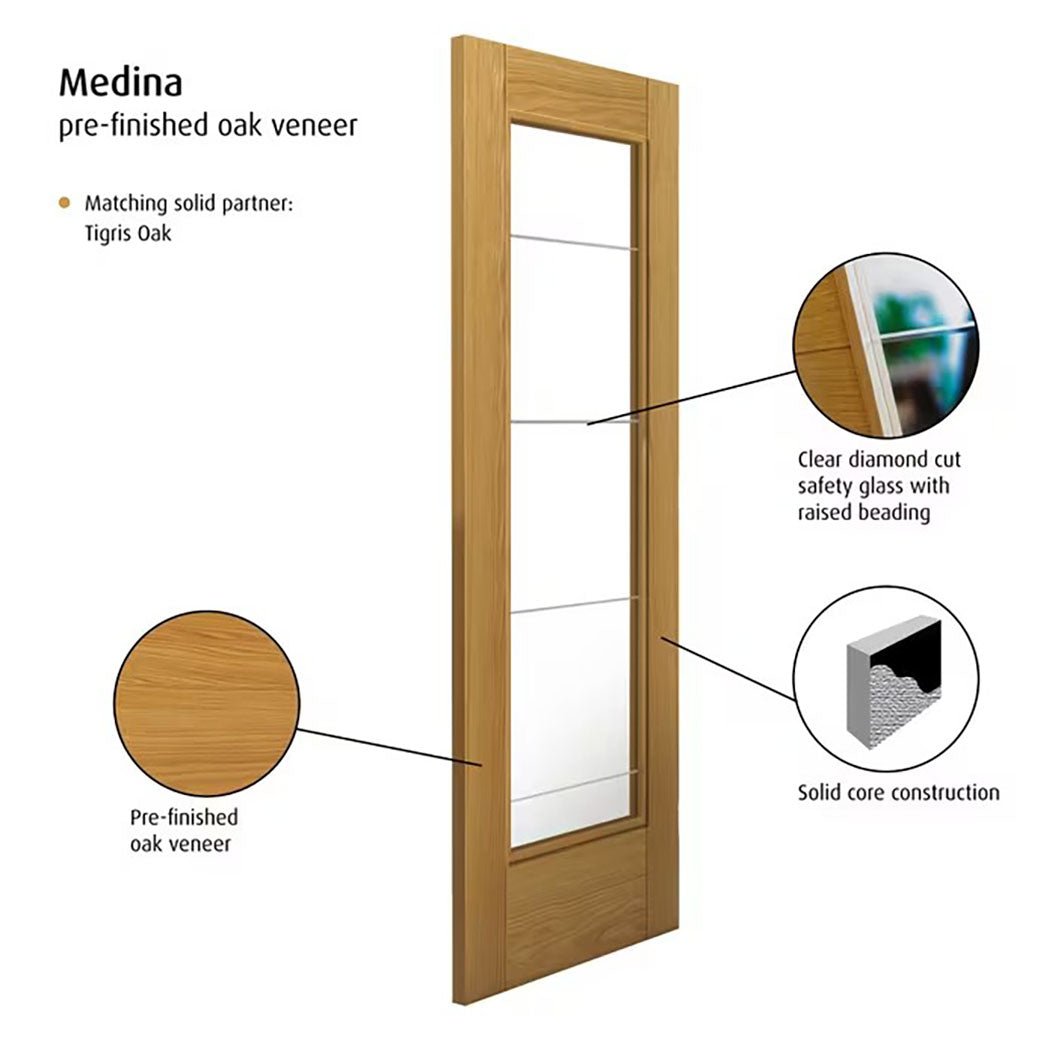 JB Kind Medina Fully Finished Oak Glazed Internal Door - JJ Building Materials