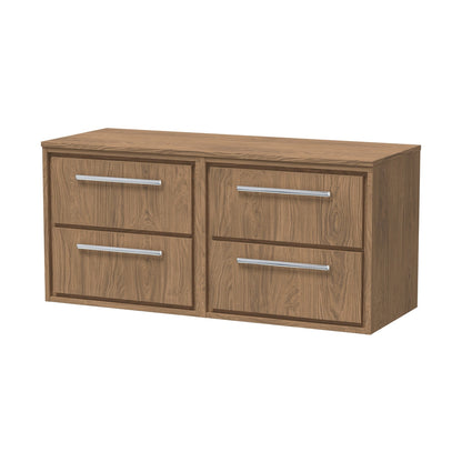 Hudson Reed Lille 1200mm Wall Hung 4-drawer Vanity With Worktop Contemp Antique Oak MFC Textured Woodgrain 557x1205x460mm