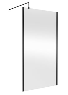 Nui 1100mm Outer Framed Wetroom Screen With Support Bar Contemporary Matt Black Aluminium 1850x1100x14mm - JJ Building Materials