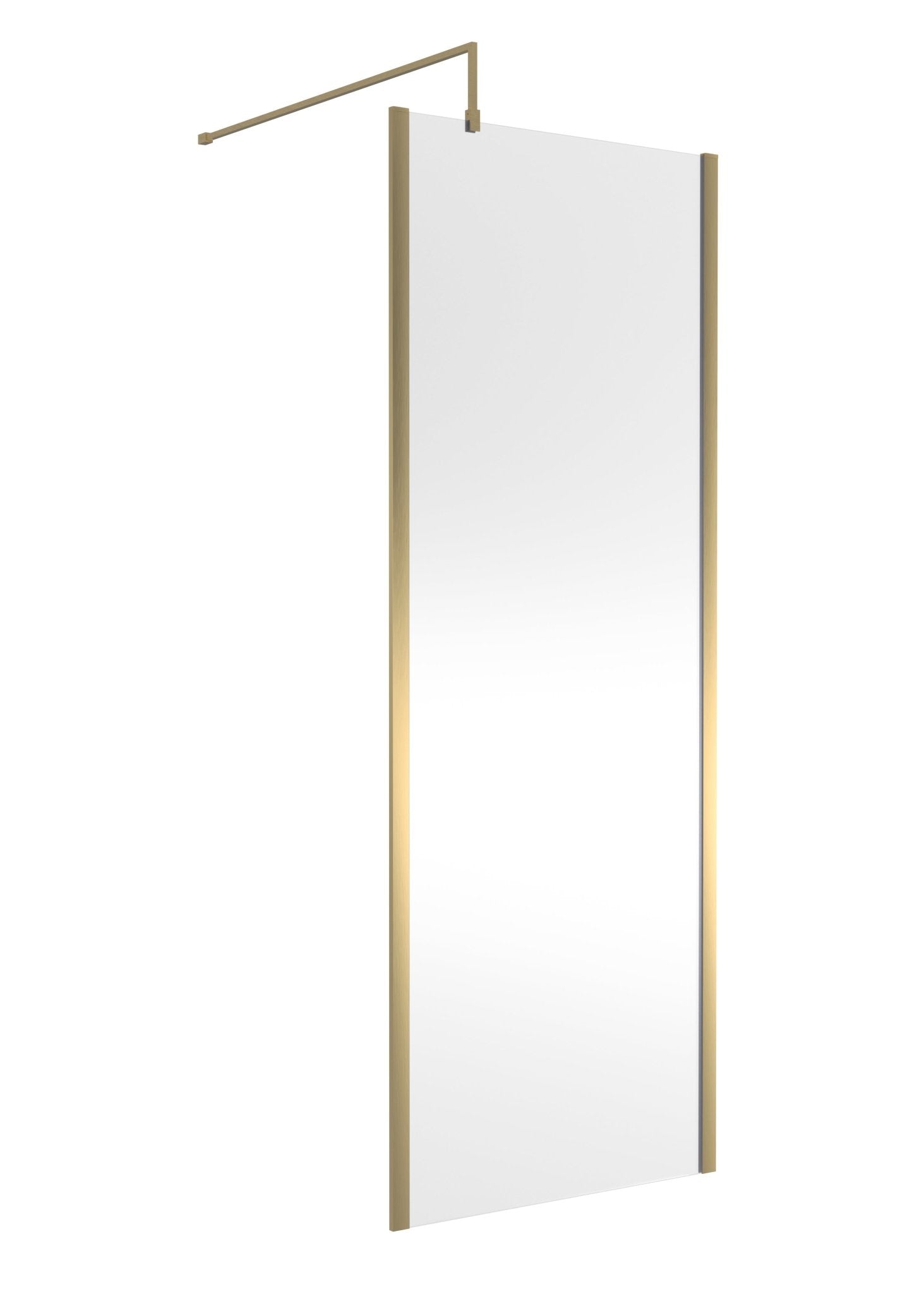 Nui 760mm Outer Framed Wetroom Screen With Support Bar Contemporary Brushed Brass Aluminium 1850x760x14mm - JJ Building Materials
