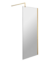 Nui 760mm Wetroom Screen With Support Bar Contemporary Brushed Brass Aluminium 1850x760x14mm - JJ Building Materials