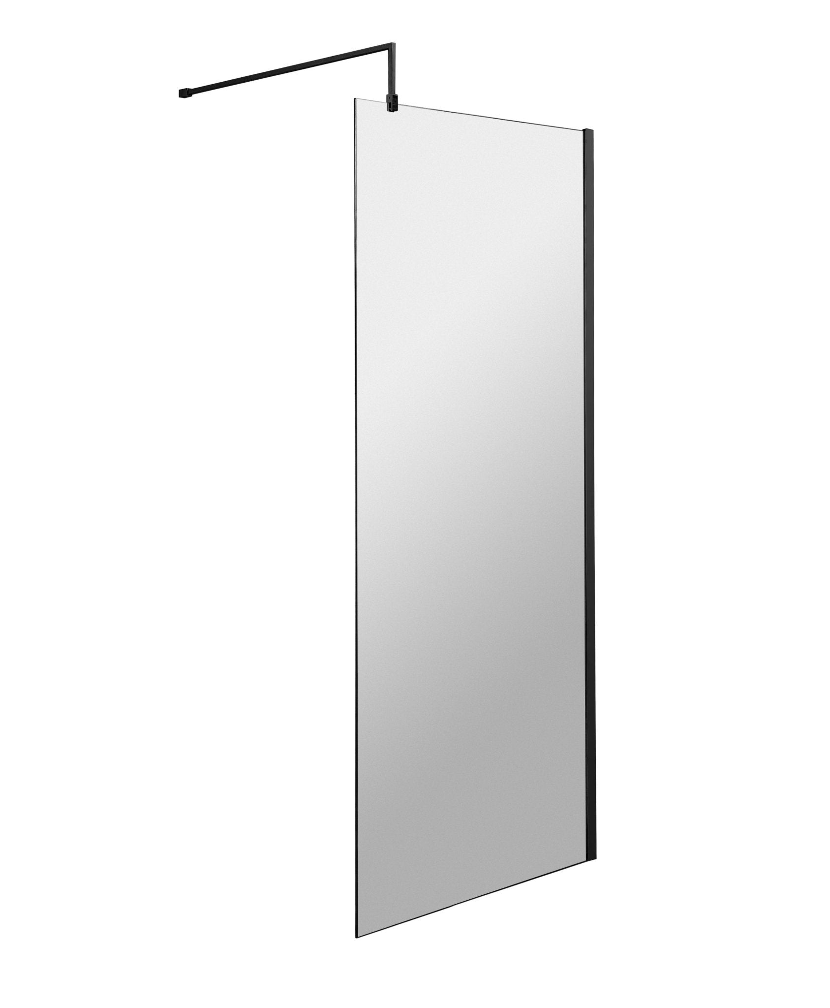 Nui 760mm Wetroom Screen With Support Bar Contemporary Matt Black Aluminium 1850x760x14mm - JJ Building Materials