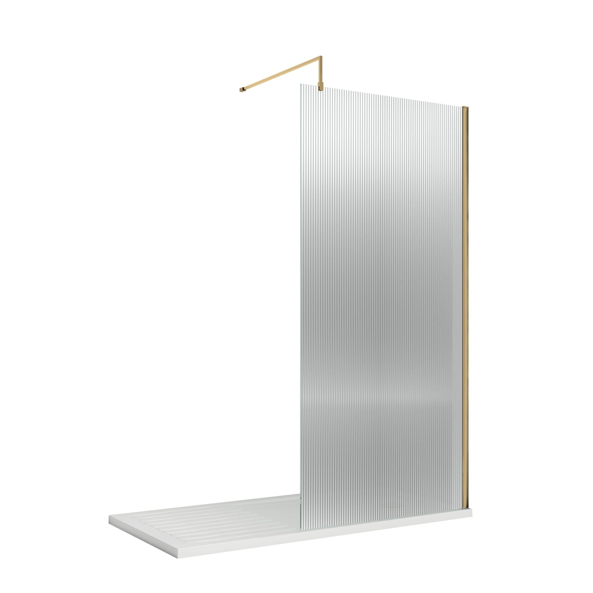 Nui 800mm Fluted Wetroom Screen With Support Bar Contemporary Brushed Brass Aluminium 1850x800x13mm - JJ Building Materials