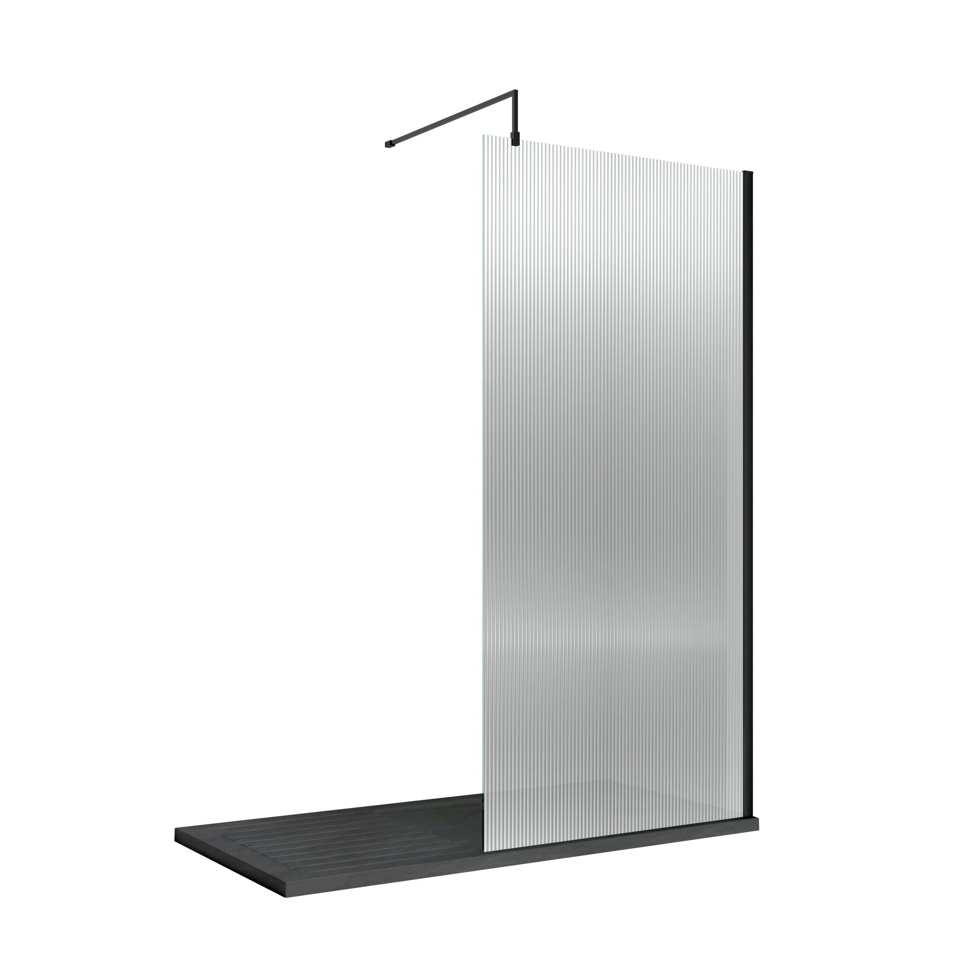 Nui 900mm Fluted Wetroom Screen With Support Bar Contemporary Matt Black Aluminium 1850x900x13mm - JJ Building Materials