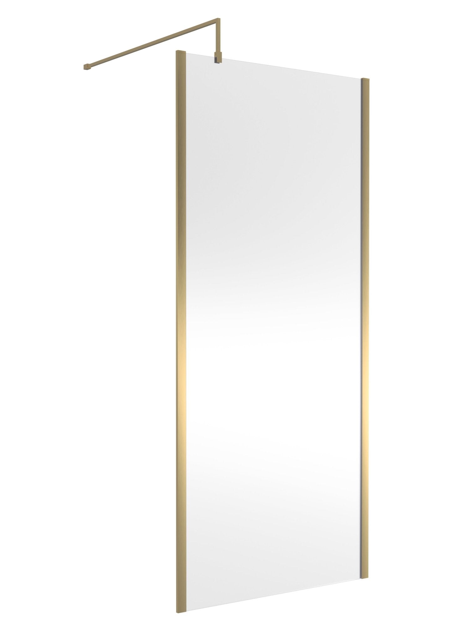 Nui 900mm Outer Framed Wetroom Screen With Support Bar Contemporary Brushed Brass Aluminium 1850x900x14mm - JJ Building Materials