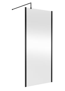 Nui 900mm Outer Framed Wetroom Screen With Support Bar Contemporary Matt Black Aluminium 1850x900x14mm - JJ Building Materials