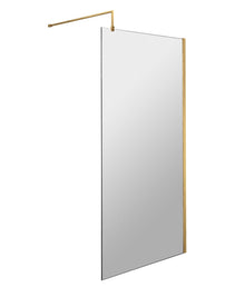 Nui 900mm Wetroom Screen With Support Bar Contemporary Brushed Brass Aluminium 1850x900x14mm - JJ Building Materials