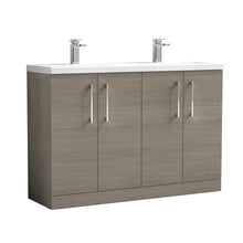 Nui Arno 1200mm Floor Standing 4 Door Vanity & Double Basin Contemporary Solace Oak MFC Textured Woodgrain 840x1205x383mm - ARN2503F - JJ Building Materials