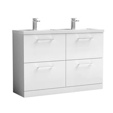 Nui Arno 1200mm Floor Standing 4 Drawer Vanity & Double Basin 1 Contemporary Gloss White MFC Painted Gloss 840x1205x383mm - JJ Building Materials