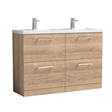 Nui Arno 1200mm Floor Standing 4 - drawer Vanity & Double Basin Contemporary Bleached Oak MFC Textured Woodgrain 840x1205x383mm - JJ Building Materials