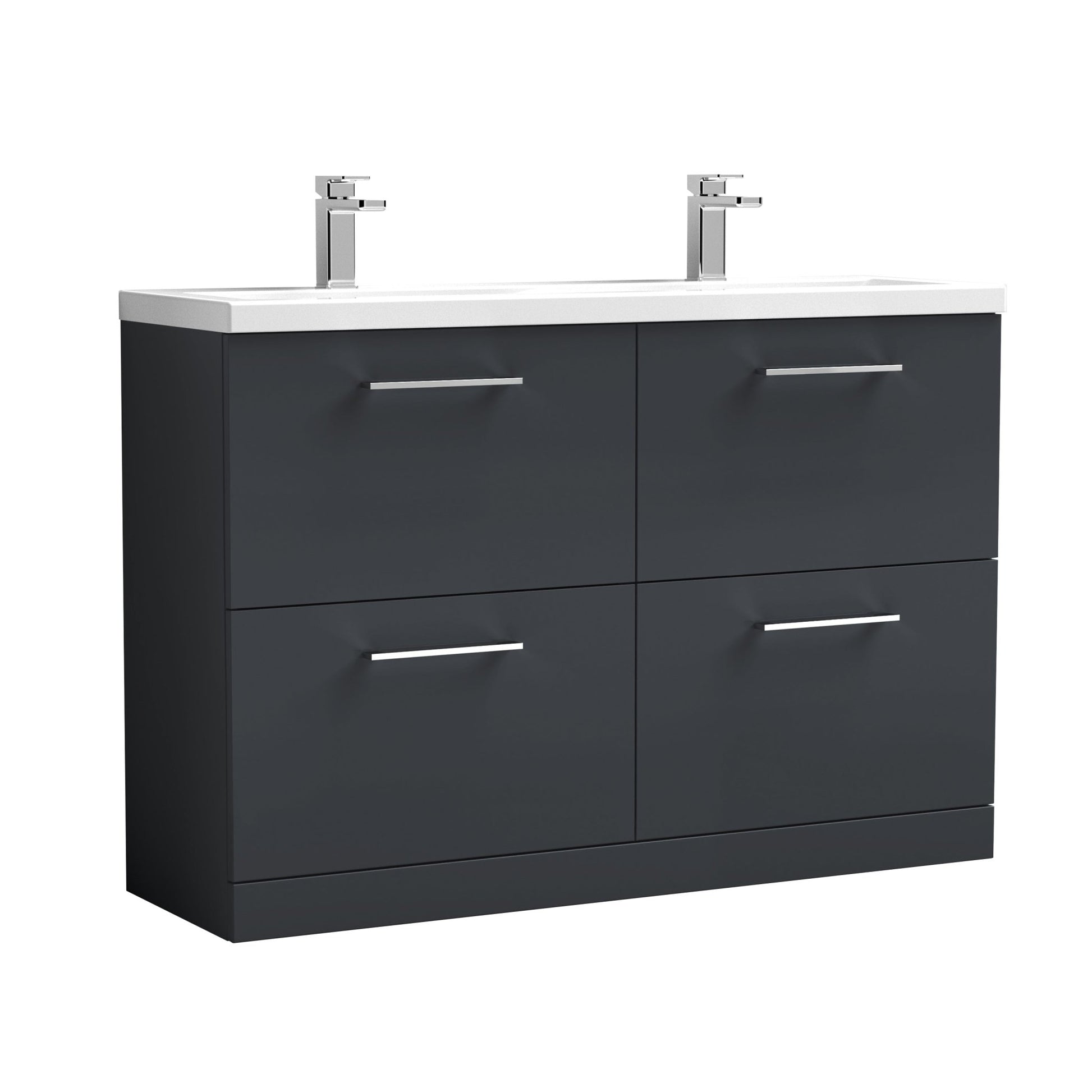 Nui Arno 1200mm Floor Standing 4 Drawer Vanity & Double Basin Contemporary Soft Black MFC Painted Matt 840x1205x383mm - ARN1433F - JJ Building Materials