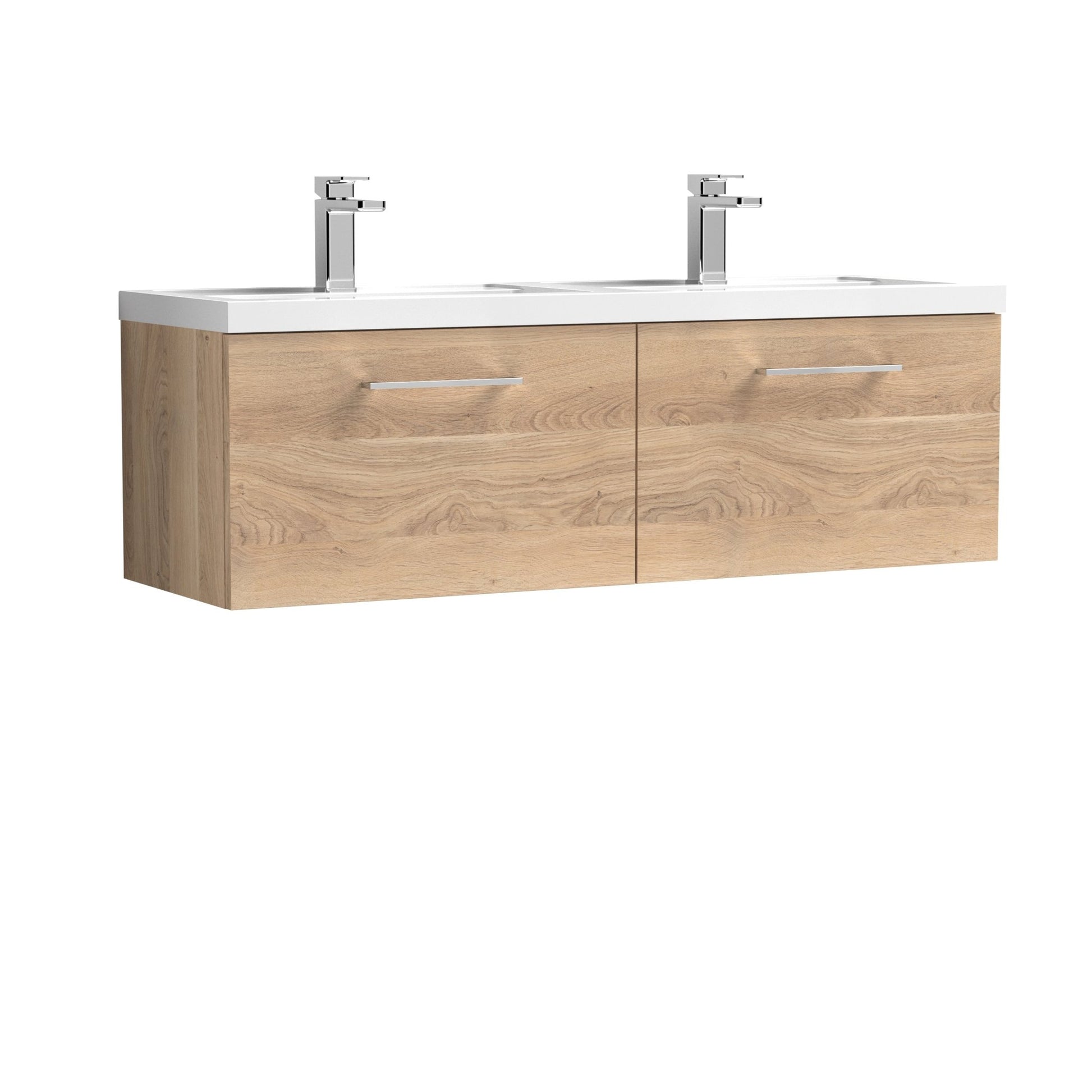 Nui Arno 1200mm Wall Hung 2 - drawer Vanity & Double Basin Contemporary Bleached Oak MFC Textured Woodgrain 399x1205x383mm - JJ Building Materials