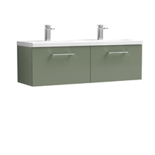 Nui Arno 1200mm Wall Hung 2 Drawer Vanity & Double Basin Contemporary Satin Green MFC Painted Matt 399x1205x383mm - JJ Building Materials