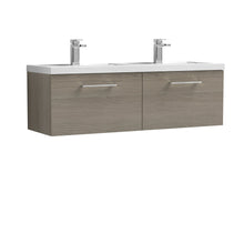 Nui Arno 1200mm Wall Hung 2 Drawer Vanity & Double Basin Contemporary Solace Oak MFC Textured Woodgrain 377x1205x383mm - JJ Building Materials