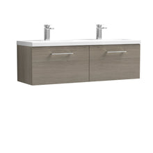 Nui Arno 1200mm Wall Hung 2 Drawer Vanity & Double Basin Contemporary Solace Oak MFC Textured Woodgrain 399x1205x383mm - JJ Building Materials