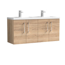 Nui Arno 1200mm Wall Hung 4 - door Vanity & Double Basin Contemporary Bleached Oak MFC Textured Woodgrain 580x1205x383mm - ARN3023C - JJ Building Materials