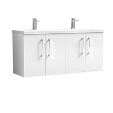 Nui Arno 1200mm Wall Hung 4 Door Vanity & Double Basin Contemporary Gloss White MFC Painted Gloss 579x1205x383mm - JJ Building Materials