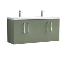Nui Arno 1200mm Wall Hung 4 Door Vanity & Double Basin Contemporary Satin Green MFC Painted Matt 580x1205x383mm - JJ Building Materials