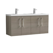 Nui Arno 1200mm Wall Hung 4 Door Vanity & Double Basin Contemporary Solace Oak MFC Textured Woodgrain 561x1205x383mm - JJ Building Materials