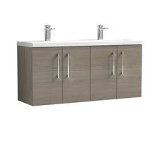 Nui Arno 1200mm Wall Hung 4 Door Vanity & Double Basin Contemporary Solace Oak MFC Textured Woodgrain 579x1205x383mm - JJ Building Materials
