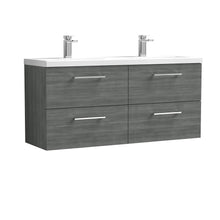 Nui Arno 1200mm Wall Hung 4 Drawer Vanity & Double Basin Contemporary Anthracite Woodgrain MFC Textured Woodgrain 579x1205x383mm - JJ Building Materials