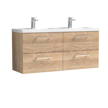 Nui Arno 1200mm Wall Hung 4 - drawer Vanity & Double Basin Contemporary Bleached Oak MFC Textured Woodgrain 580x1205x383mm - ARN3024C - JJ Building Materials