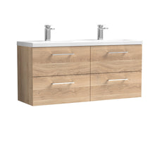 Nui Arno 1200mm Wall Hung 4 - drawer Vanity & Double Basin Contemporary Bleached Oak MFC Textured Woodgrain 580x1205x383mm - ARN3024F - JJ Building Materials