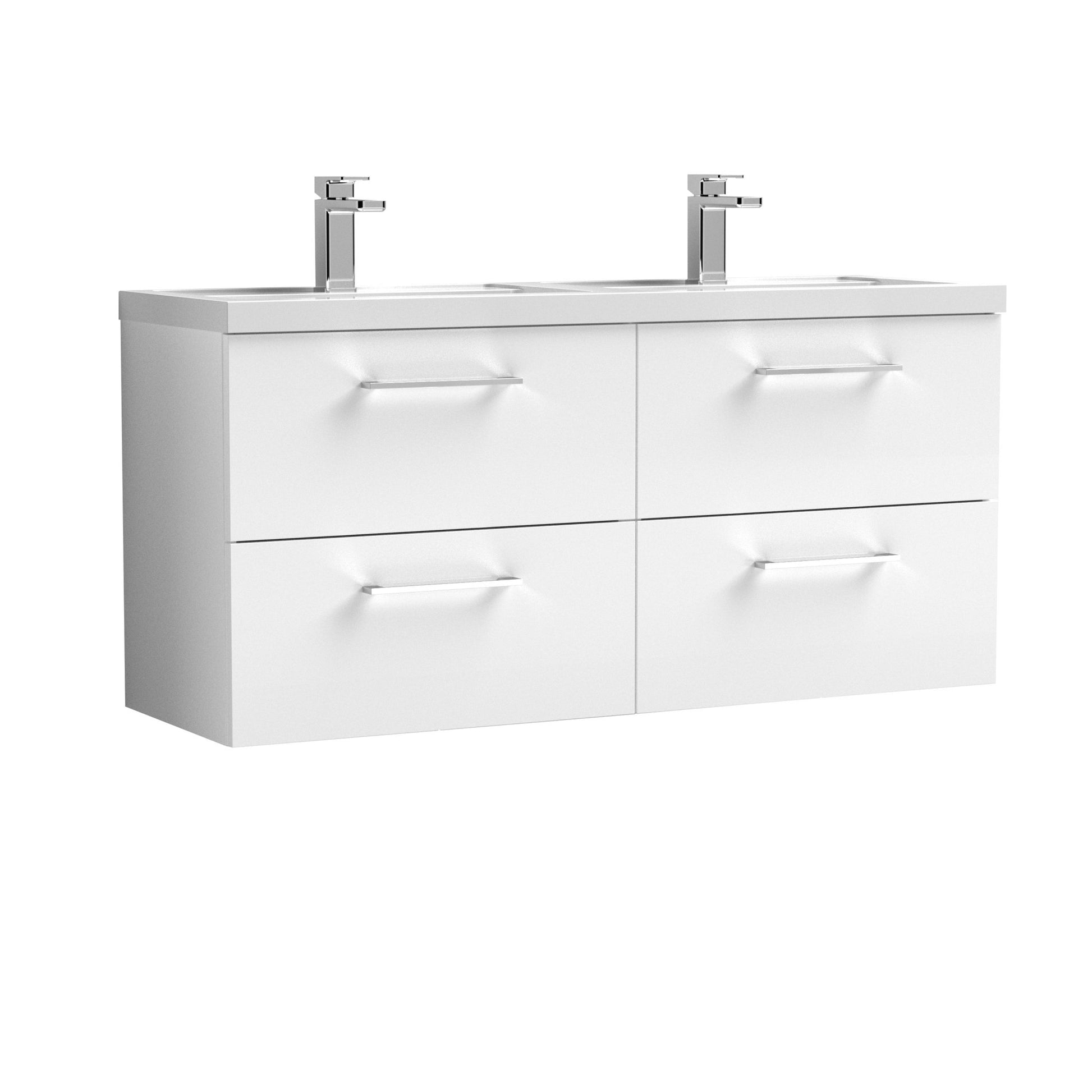 Nui Arno 1200mm Wall Hung 4 Drawer Vanity & Double Basin Contemporary Gloss White MFC Painted Gloss 561x1205x383mm - ARN124C - JJ Building Materials