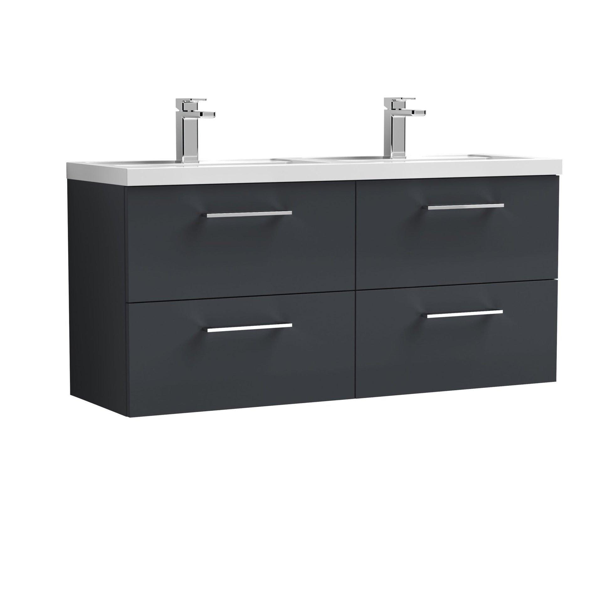 Nui Arno 1200mm Wall Hung 4 Drawer Vanity & Double Basin Contemporary Soft Black MFC Painted Matt 579x1205x383mm - ARN1424C - JJ Building Materials