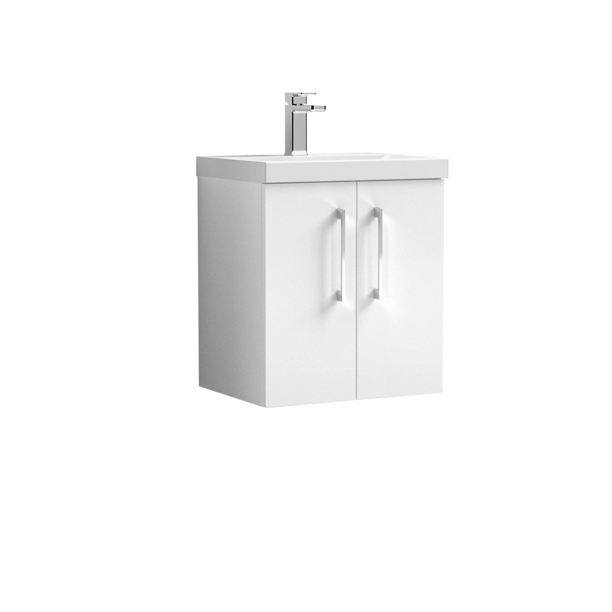 Nui Arno 500mm Wall Hung 2 Door Vanity & Basin 3 Contemporary Gloss White MFC Painted Gloss 589x510x395mm - JJ Building Materials