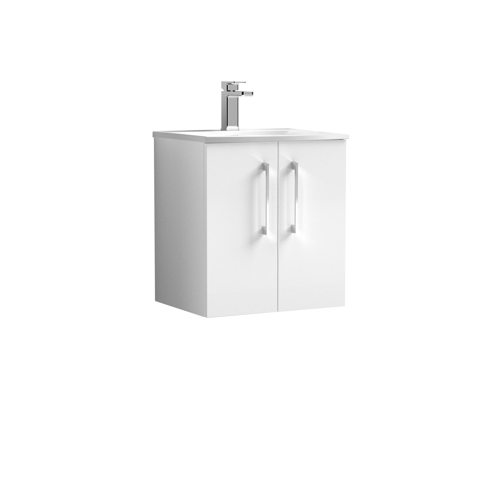 Nui Arno 500mm Wall Hung 2 Door Vanity & Basin 4 Contemporary Gloss White MFC Painted Gloss 569x510x440mm - JJ Building Materials