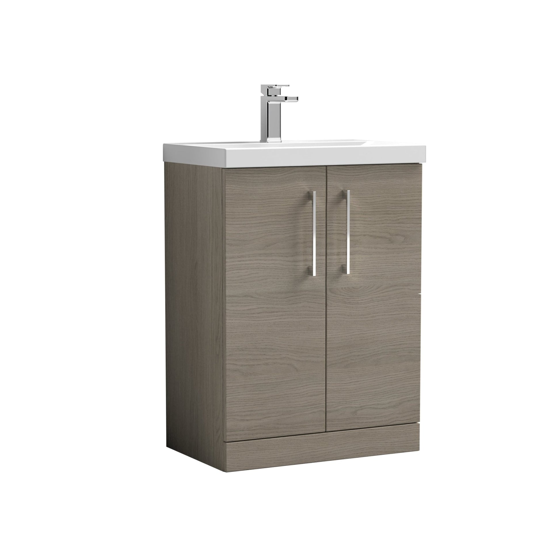 Nui Arno 600mm Floor Standing 2 Door Vanity & Basin 3 Contemporary Solace Oak MFC 850x610x395mm - JJ Building Materials